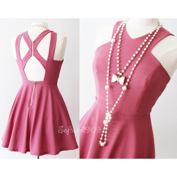 Last☝️ Pink Halter Caged Cutout Back Skater Dress - Picture 2 of 8